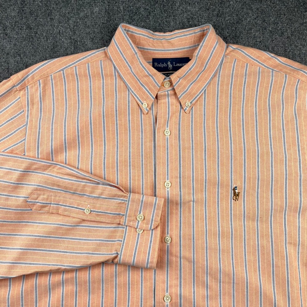 Ralph Lauren Classic Fit Men 17.5 34/35 Orange/Blue Striped Shirt Oxford XL